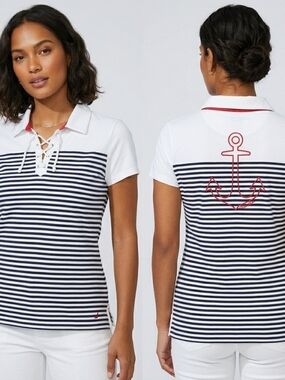 Nautica Striped Lace-Up Polo Shirt Anchor Back White Navy Large